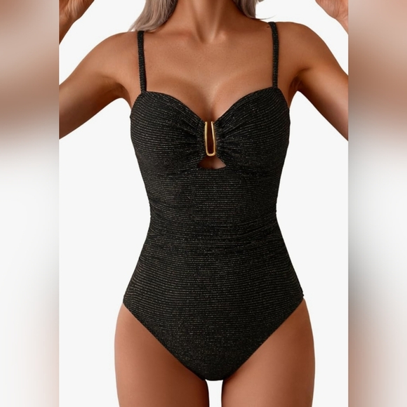 NWT! Eomenie Sophisticated Black One-Piece Swimsuit with Gold Accent - Picture 1 of 7
